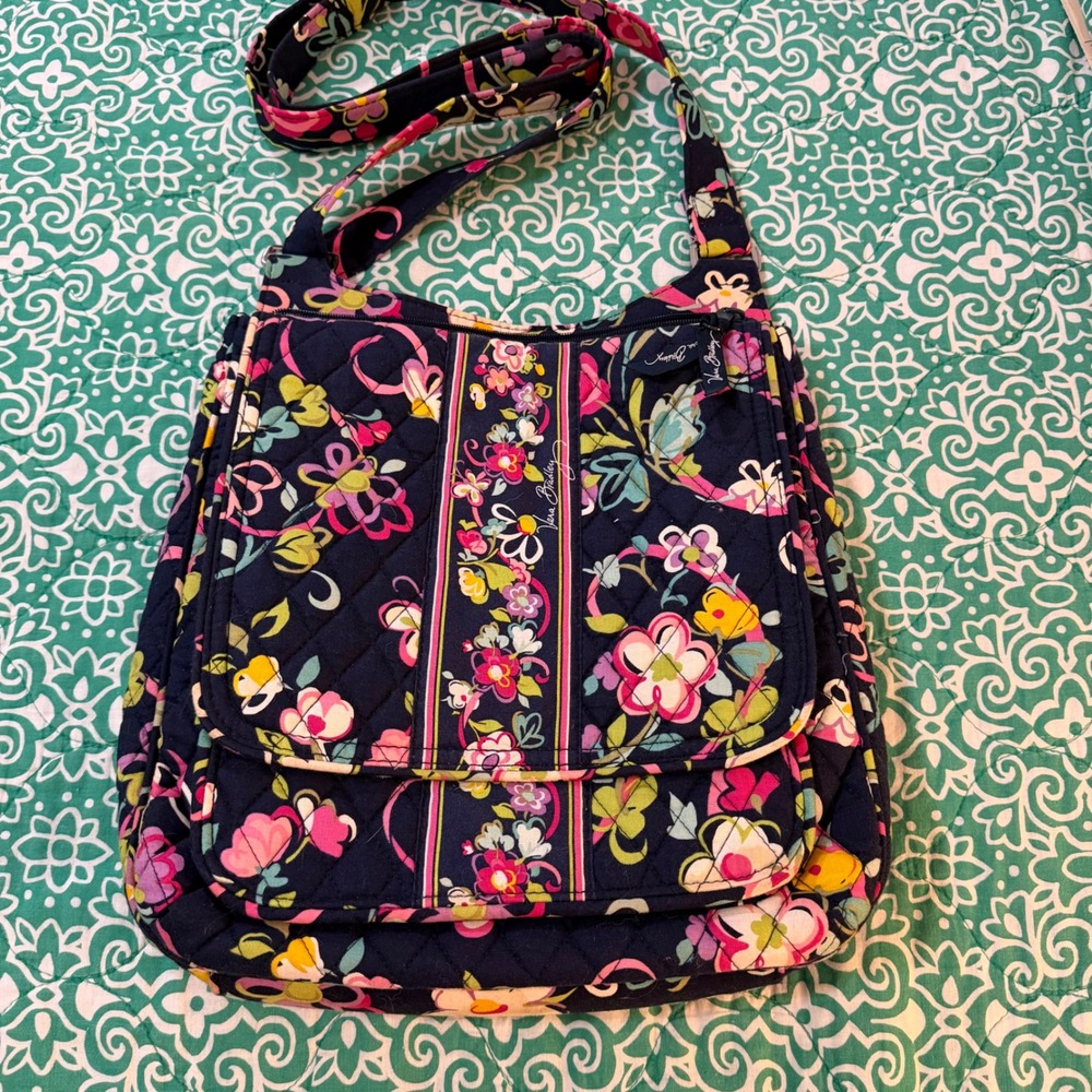 Vera Bradley Navy Floral Quilted Crossbody Bag with Pink, Yellow & Green Accents